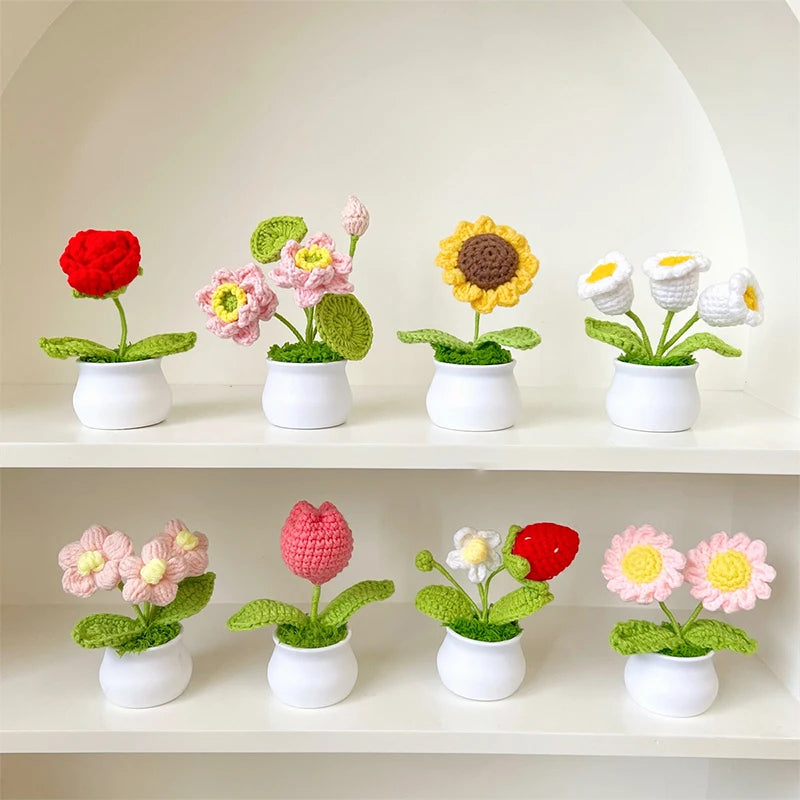 Sunflower & Tulip Crochet Flowers – Handmade Mini Potted Plants for Mother’s Day Gifts & Home Decor