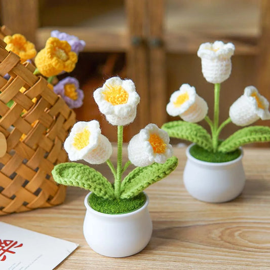 Handwoven Crochet Lily Valley Bonsai – Artificial Potted Flower for Desktop Decorations