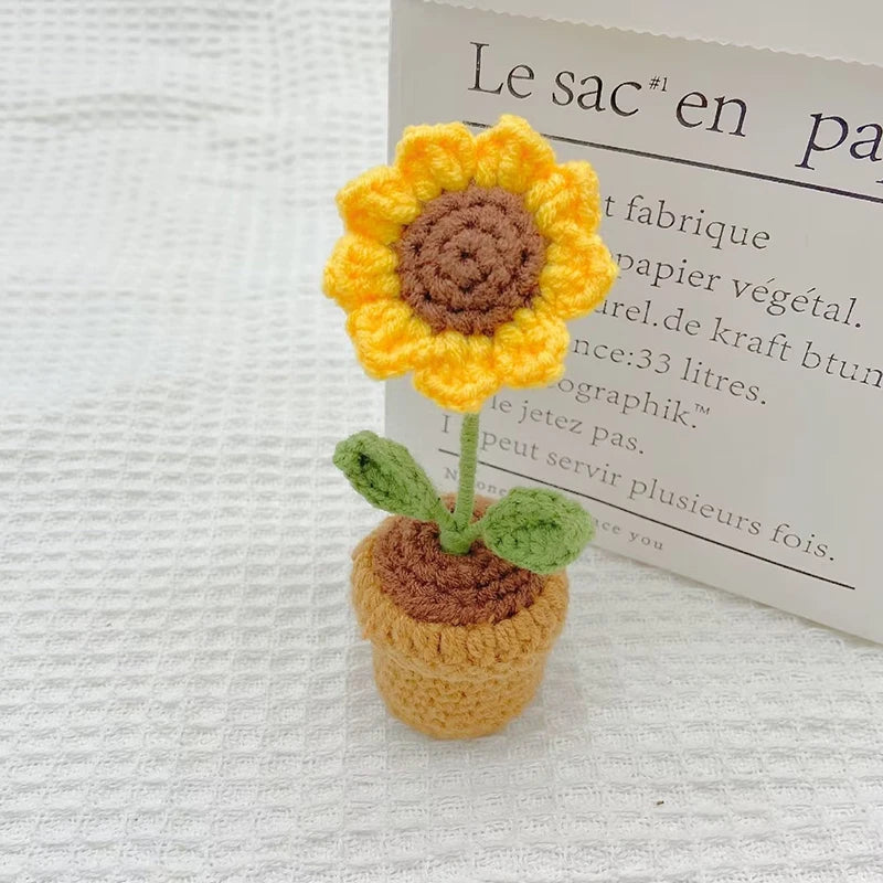 Mini Handmade Crochet Flowers – Sunflower & Rose Potted Plants for Home Decor!