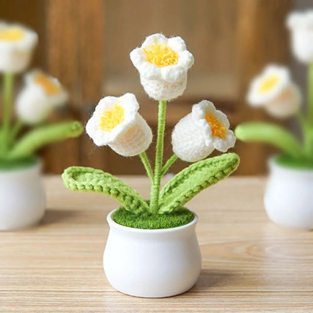 Handwoven Crochet Lily Valley Bonsai – Artificial Potted Flower for Desktop Decorations