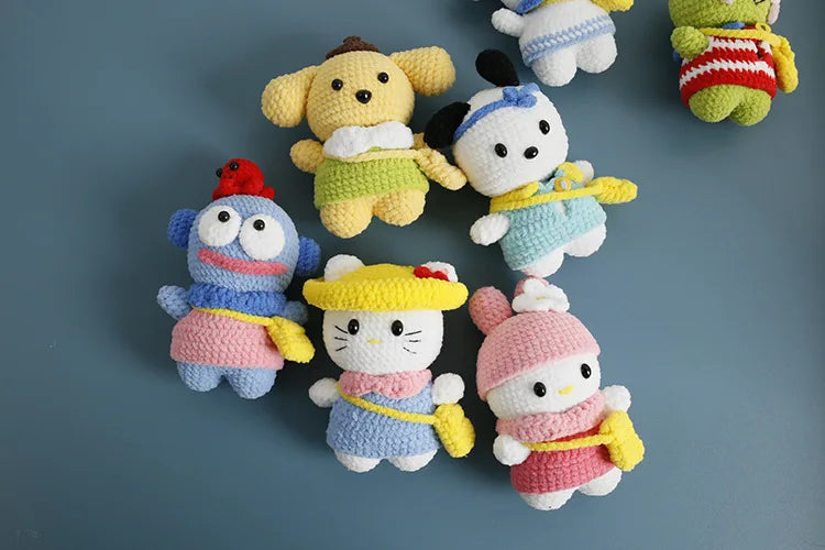 Sanrio Pochacco Hangyodon Hand Knitted Magnetic Doll Keychain kawaii Plush Wool crochet Toys Figure Soft Key Ring Birthday Gifts