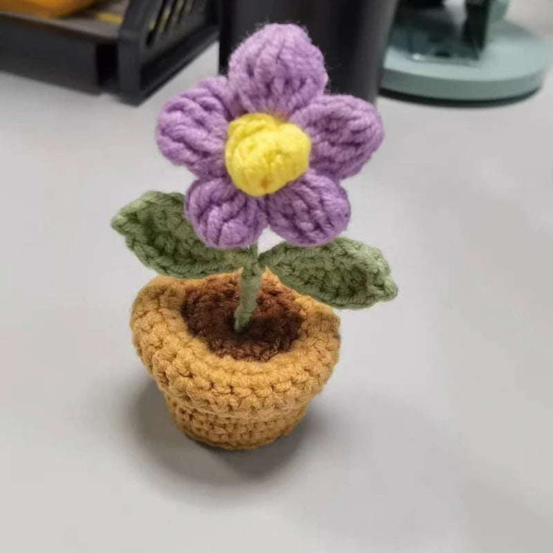 Mini Handmade Crochet Flowers – Sunflower & Rose Potted Plants for Home Decor!