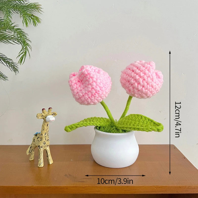 Sunflower & Tulip Crochet Flowers – Handmade Mini Potted Plants for Mother’s Day Gifts & Home Decor