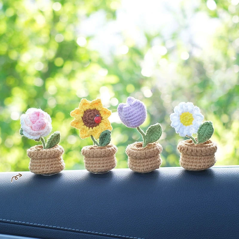 Sunflower & Tulip Crochet Flowers – Handmade Mini Potted Plants for Mother’s Day Gifts & Home Decor