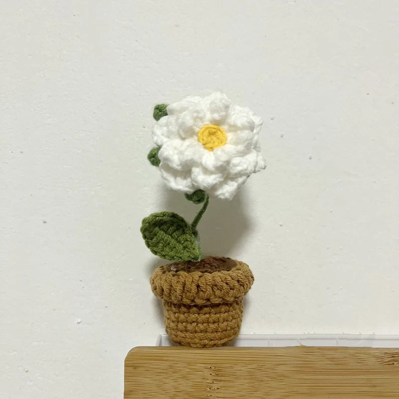 Mini Handmade Crochet Flowers – Sunflower & Rose Potted Plants for Home Decor!