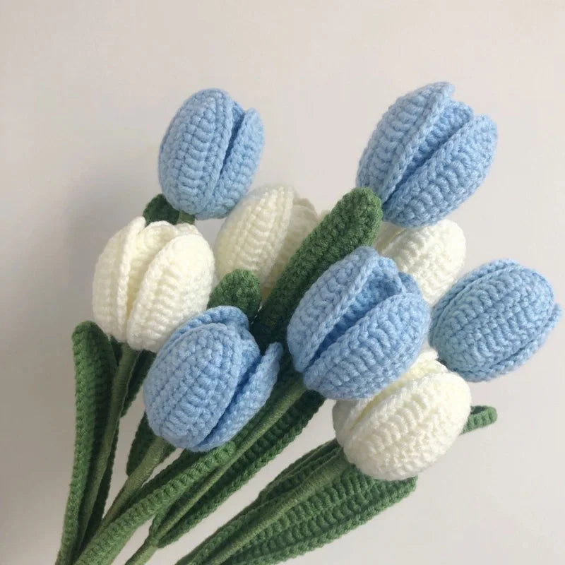 Handmade Crochet Tulip Bouquet – Wool Yarn Knitted Flowers for Home Decor & Mother’s Day Gifts