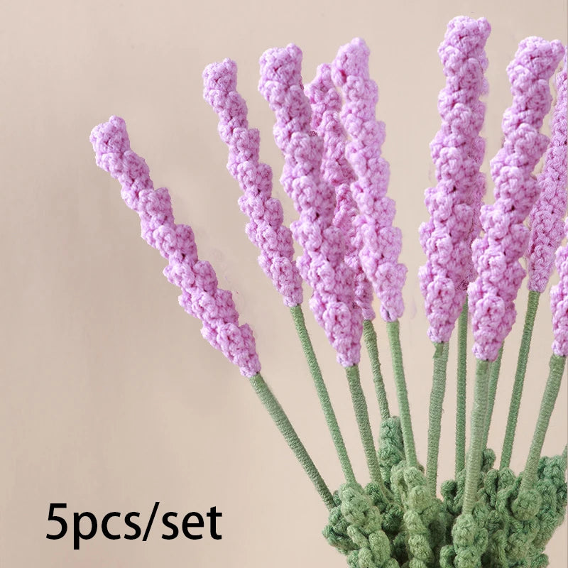 5pcs Handmade Crochet Lavender Bouquet – Purple Fantasy DIY Flower for Home Decor & Anniversary Gifts