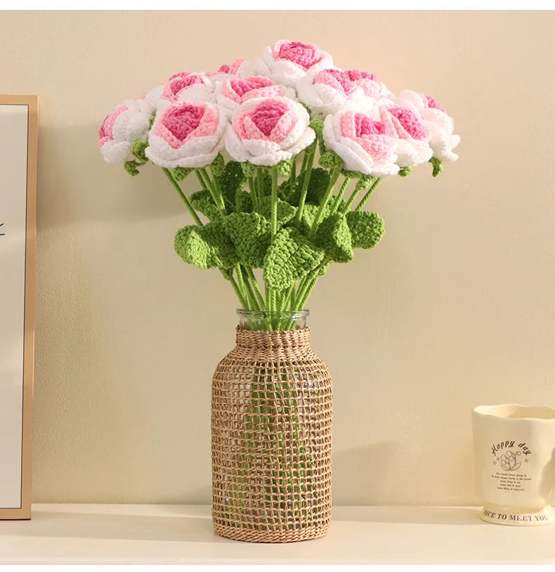 Hand-Knitted Crochet Rose Bouquet – Finished Simulation Flower for Home & Wedding Decor