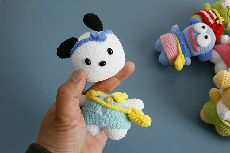 Sanrio Pochacco Hangyodon Hand Knitted Magnetic Doll Keychain kawaii Plush Wool crochet Toys Figure Soft Key Ring Birthday Gifts