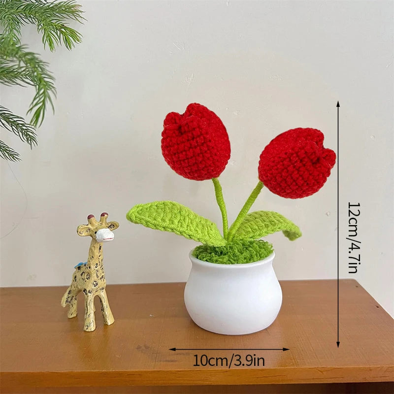 Sunflower & Tulip Crochet Flowers – Handmade Mini Potted Plants for Mother’s Day Gifts & Home Decor