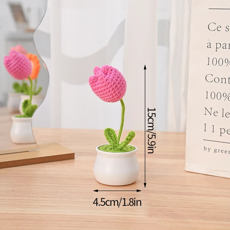Sunflower & Tulip Crochet Flowers – Handmade Mini Potted Plants for Mother’s Day Gifts & Home Decor
