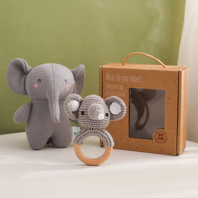 Elephant Stuff Plush Toy Handmade Crochet Wool Doll Baby Rattles
