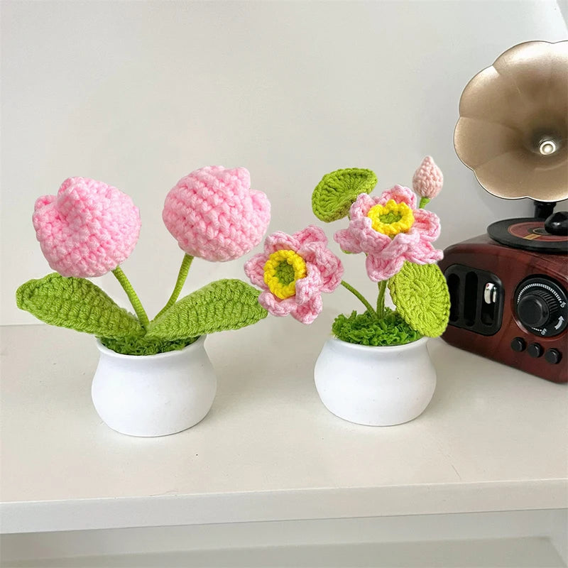 Sunflower & Tulip Crochet Flowers – Handmade Mini Potted Plants for Mother’s Day Gifts & Home Decor