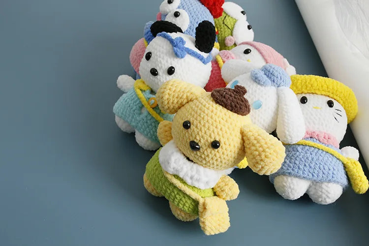 Sanrio Pochacco Hangyodon Hand Knitted Magnetic Doll Keychain kawaii Plush Wool crochet Toys Figure Soft Key Ring Birthday Gifts