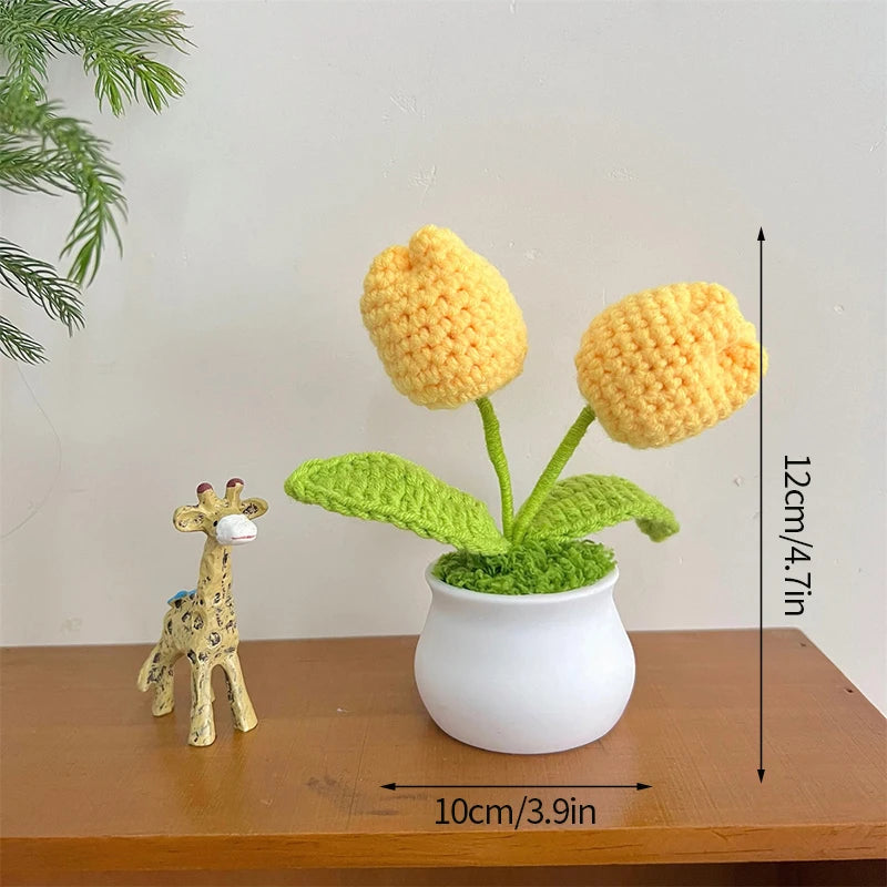 Sunflower & Tulip Crochet Flowers – Handmade Mini Potted Plants for Mother’s Day Gifts & Home Decor