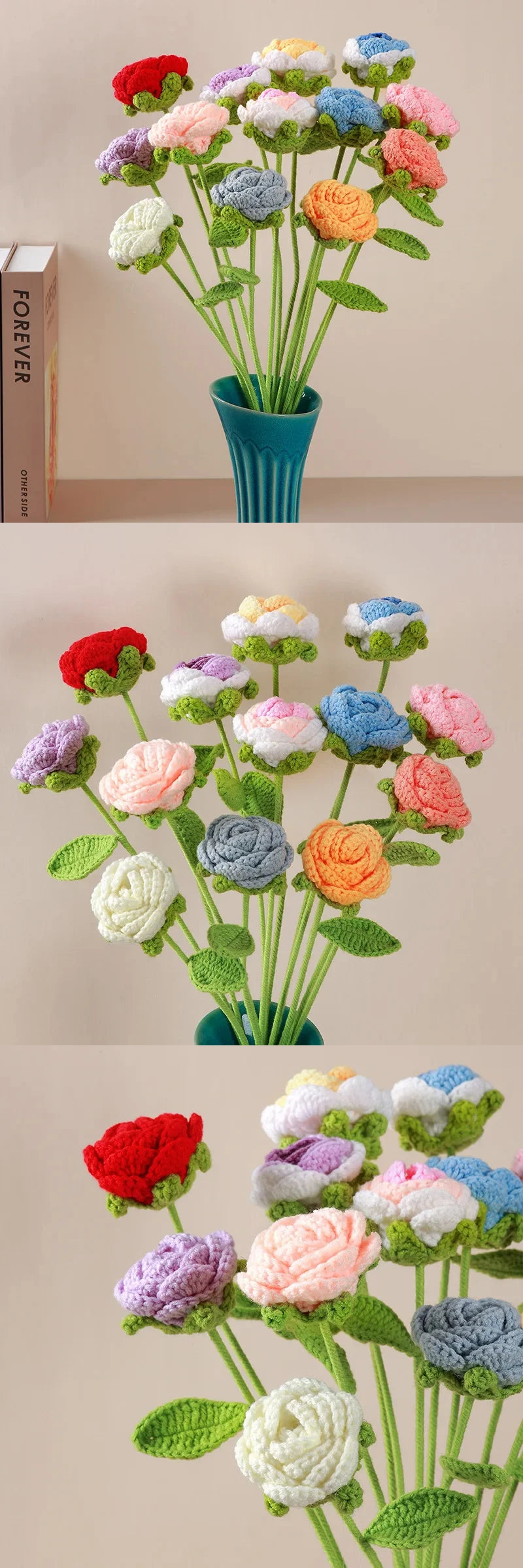 Hand-Knitted Crochet Rose Bouquet – Finished Simulation Flower for Home & Wedding Decor