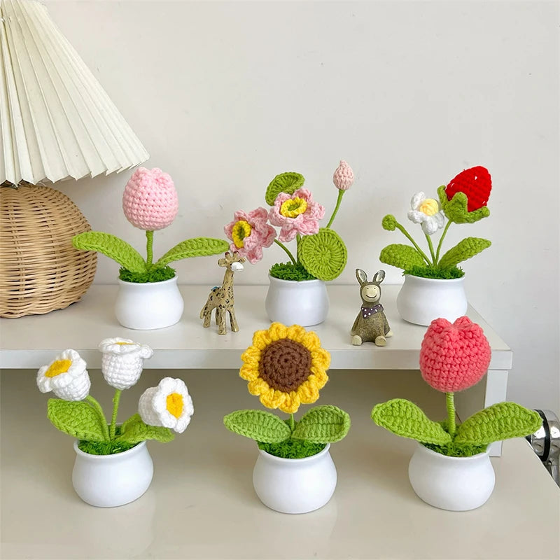 Sunflower & Tulip Crochet Flowers – Handmade Mini Potted Plants for Mother’s Day Gifts & Home Decor