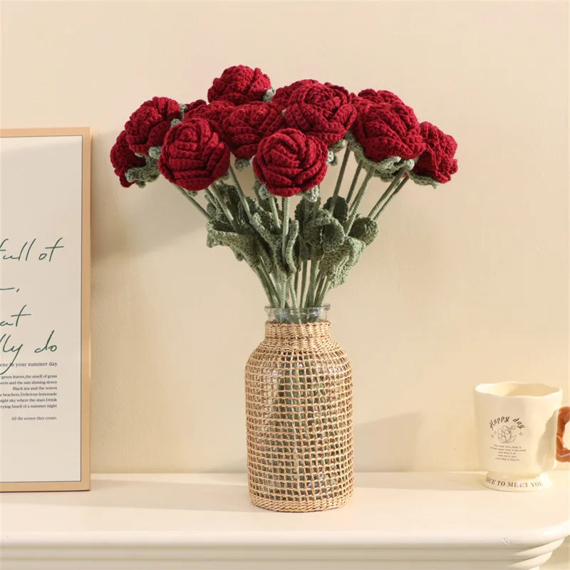 Hand-Knitted Crochet Rose Bouquet – Finished Simulation Flower for Home & Wedding Decor