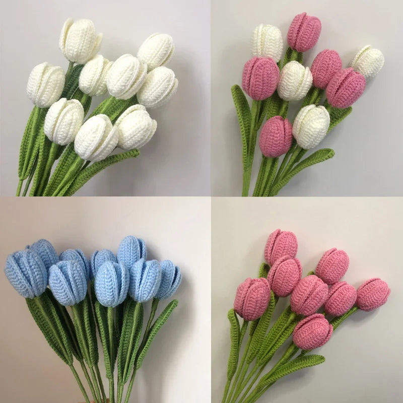 Handmade Crochet Tulip Bouquet – Wool Yarn Knitted Flowers for Home Decor & Mother’s Day Gifts