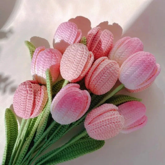 Handmade Crochet Tulip Bouquet – Wool Yarn Knitted Flowers for Home Decor & Mother’s Day Gifts