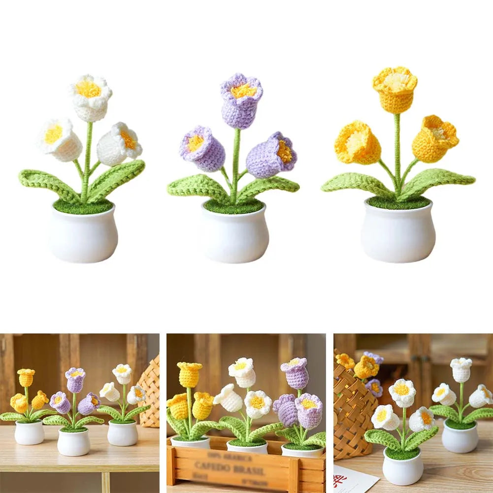 Handwoven Crochet Lily Valley Bonsai – Artificial Potted Flower for Desktop Decorations