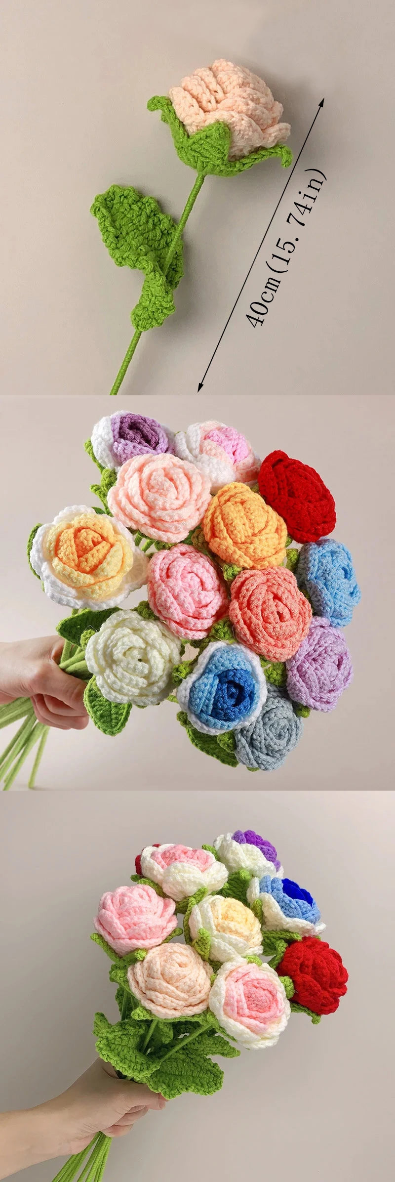 Hand-Knitted Crochet Rose Bouquet – Finished Simulation Flower for Home & Wedding Decor