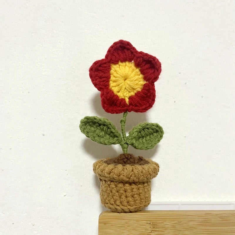 Mini Handmade Crochet Flowers – Sunflower & Rose Potted Plants for Home Decor!