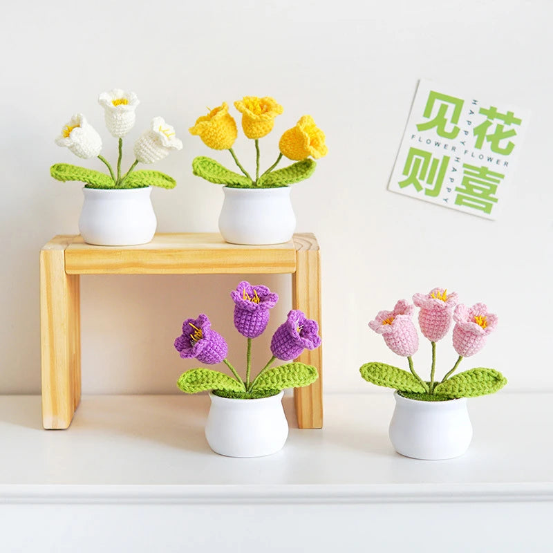 Sunflower & Tulip Crochet Flowers – Handmade Mini Potted Plants for Mother’s Day Gifts & Home Decor