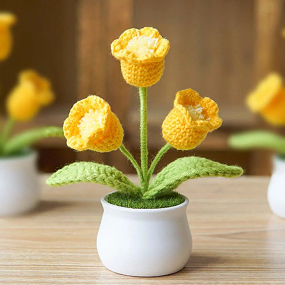 Handwoven Crochet Lily Valley Bonsai – Artificial Potted Flower for Desktop Decorations