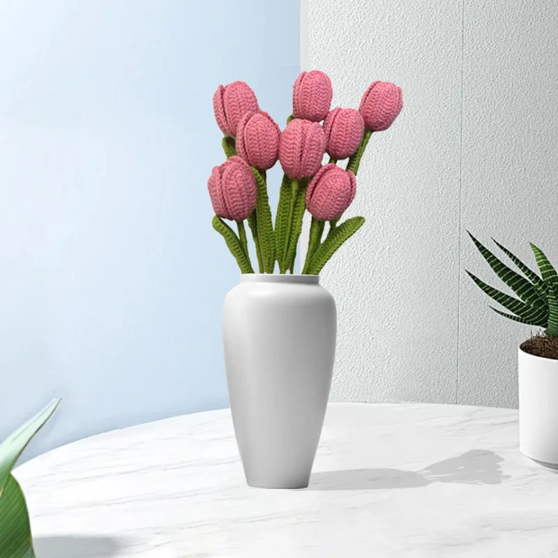 Handmade Crochet Tulip Bouquet – Wool Yarn Knitted Flowers for Home Decor & Mother’s Day Gifts