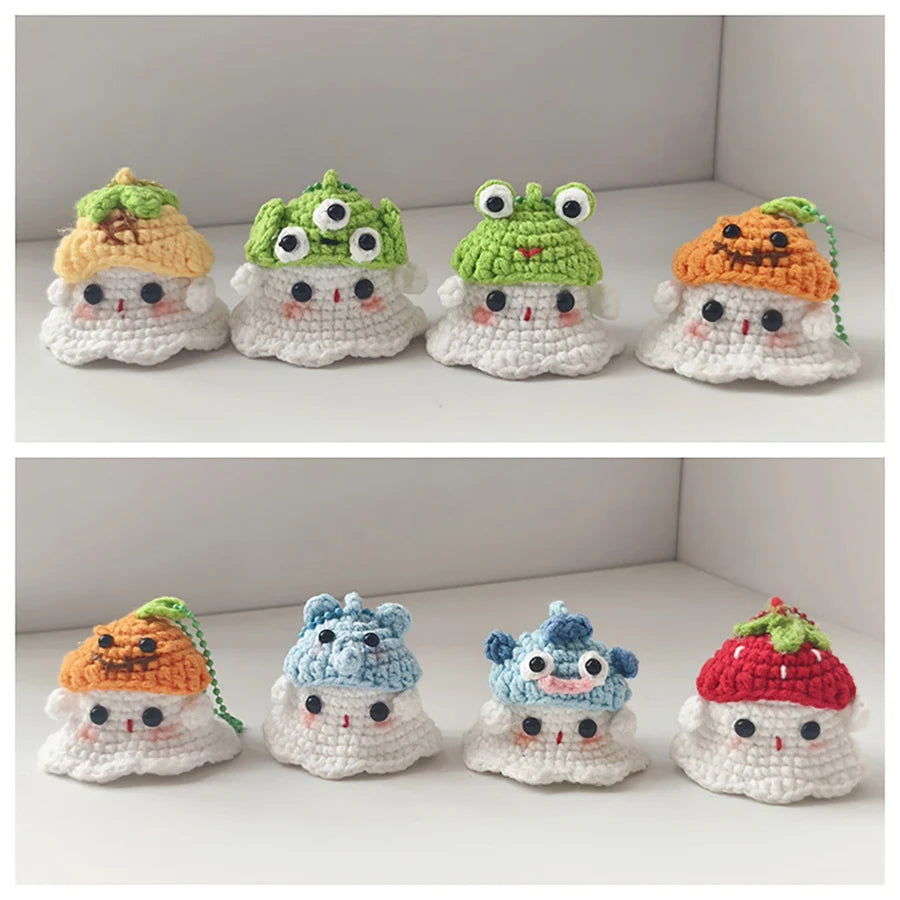 Creative Hand Knitting Ghost Keychain Pendant Halloween Home Decoration Funny Handmade Crochet Ghost Doll Ornament Gifts