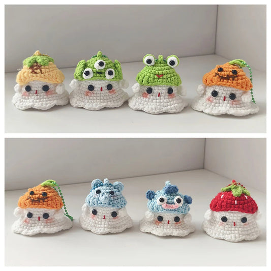 Creative Hand Knitting Ghost Keychain Pendant Halloween Home Decoration Funny Handmade Crochet Ghost Doll Ornament Gifts