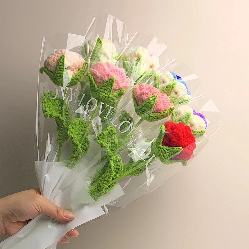 Hand-Knitted Crochet Rose Bouquet – Finished Simulation Flower for Home & Wedding Decor