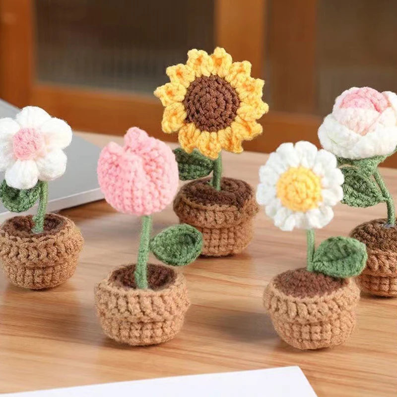 Mini Handmade Crochet Flowers – Sunflower & Rose Potted Plants for Home Decor!