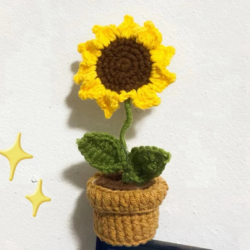 Mini Handmade Crochet Flowers – Sunflower & Rose Potted Plants for Home Decor!