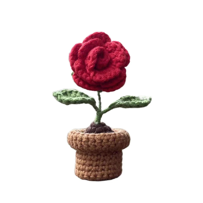 Mini Handmade Crochet Flowers – Sunflower & Rose Potted Plants for Home Decor!