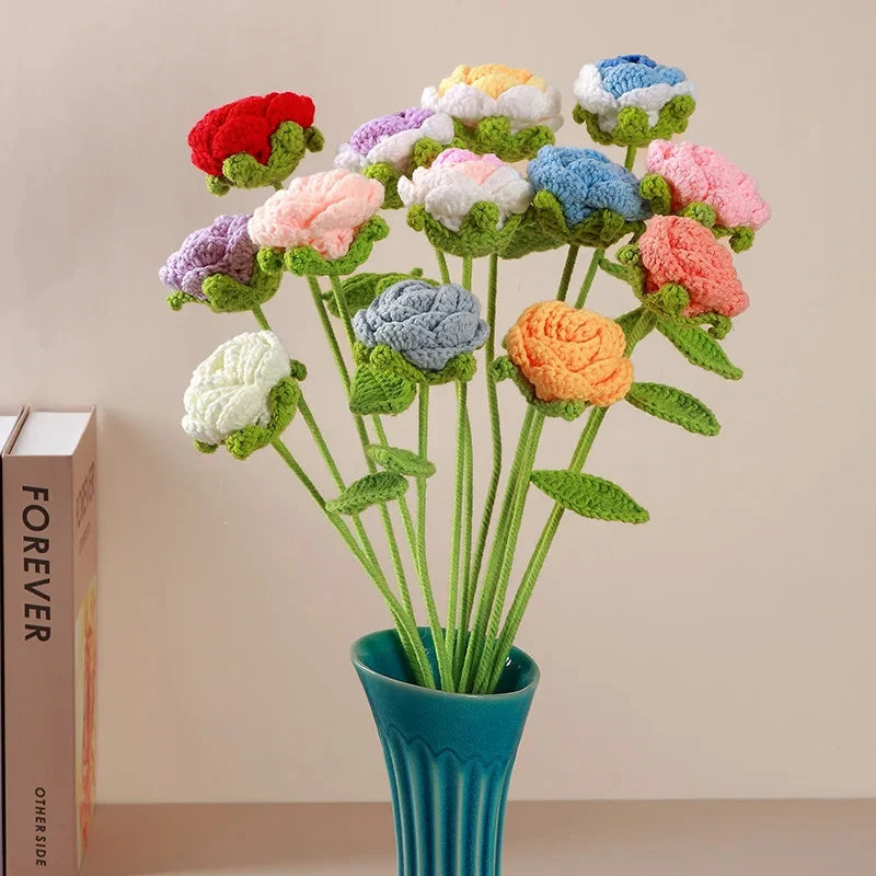 Hand-Knitted Crochet Rose Bouquet – Finished Simulation Flower for Home & Wedding Decor