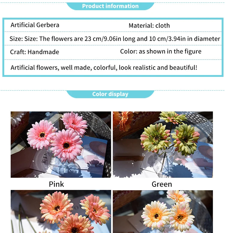 Artificial Silk Gerbera Flowers – Wedding & Home Decor, 3Pcs, 6Pcs, 23cm