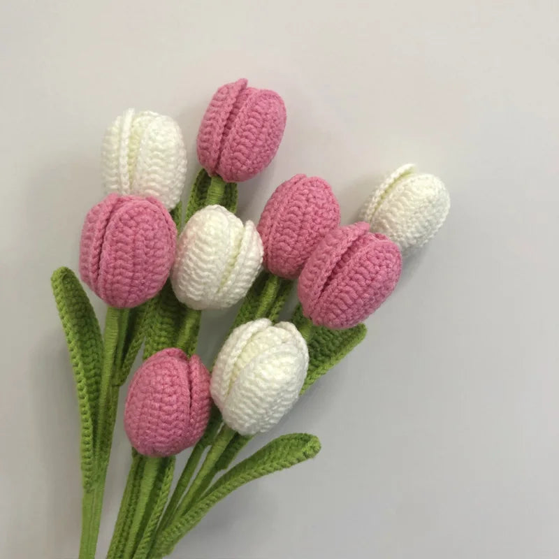 Handmade Crochet Tulip Bouquet – Wool Yarn Knitted Flowers for Home Decor & Mother’s Day Gifts