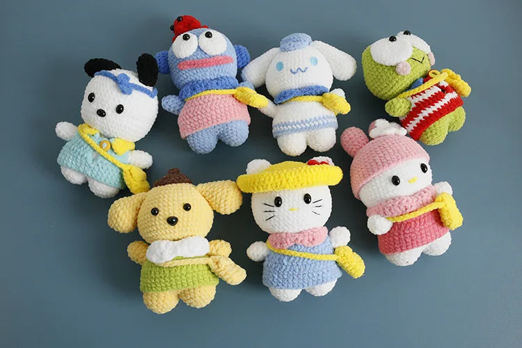 Sanrio Pochacco Hangyodon Hand Knitted Magnetic Doll Keychain kawaii Plush Wool crochet Toys Figure Soft Key Ring Birthday Gifts