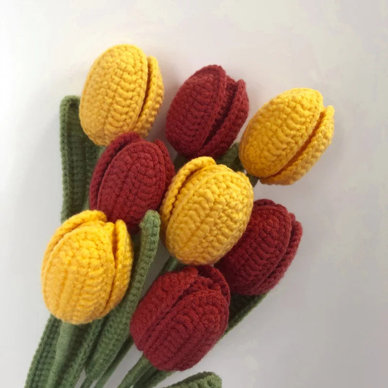 Handmade Crochet Tulip Bouquet – Wool Yarn Knitted Flowers for Home Decor & Mother’s Day Gifts