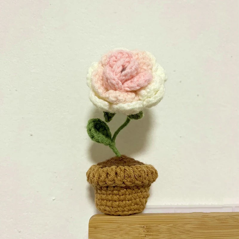 Mini Handmade Crochet Flowers – Sunflower & Rose Potted Plants for Home Decor!