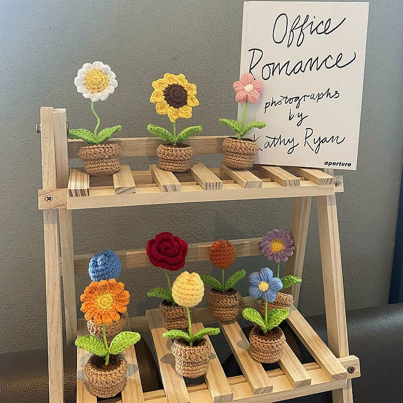 Sunflower & Tulip Crochet Flowers – Handmade Mini Potted Plants for Mother’s Day Gifts & Home Decor