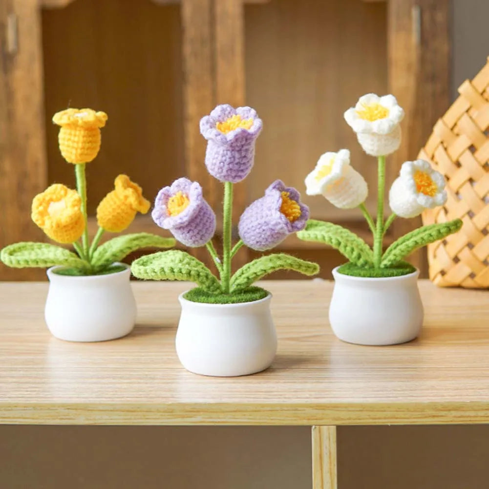 Handwoven Crochet Lily Valley Bonsai – Artificial Potted Flower for Desktop Decorations