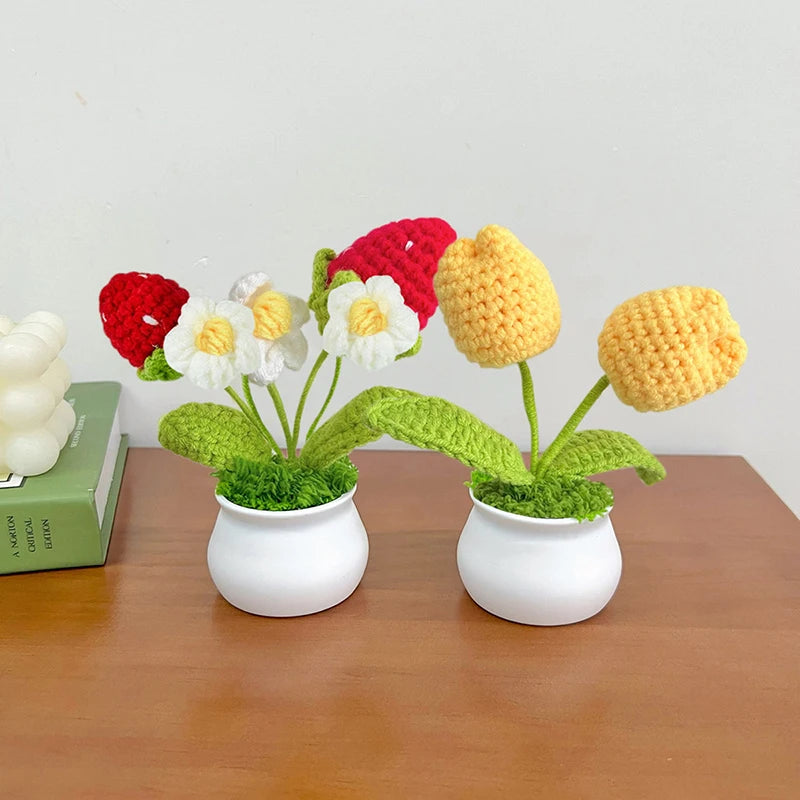 Sunflower & Tulip Crochet Flowers – Handmade Mini Potted Plants for Mother’s Day Gifts & Home Decor