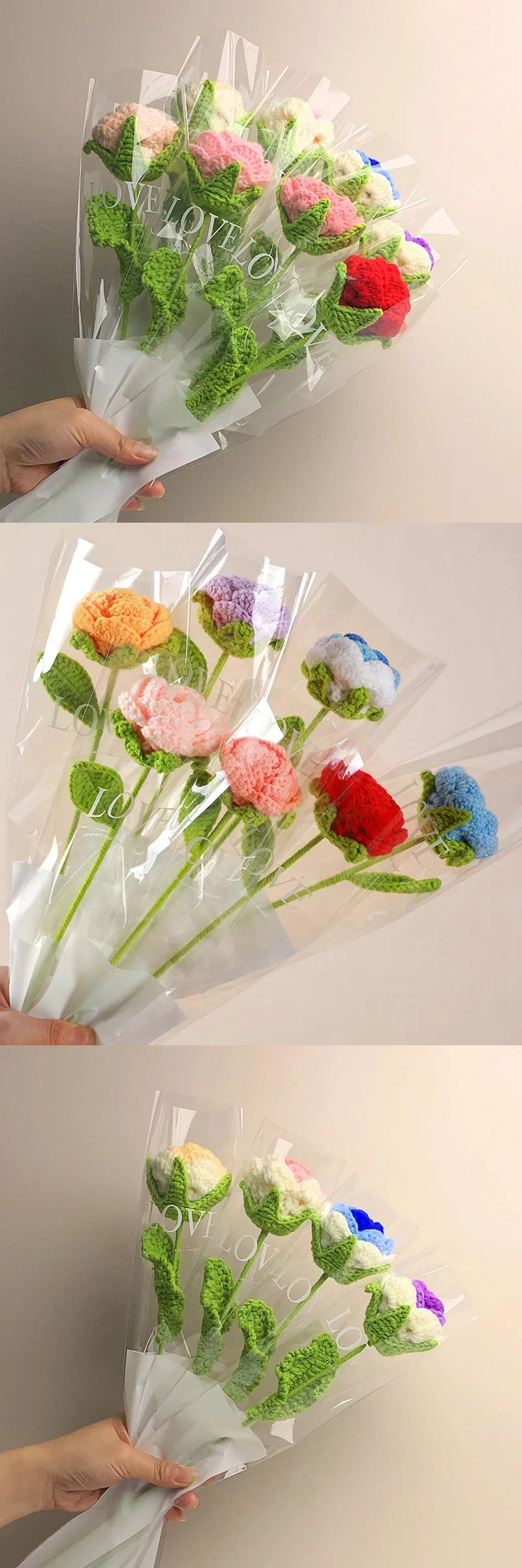 Hand-Knitted Crochet Rose Bouquet – Finished Simulation Flower for Home & Wedding Decor