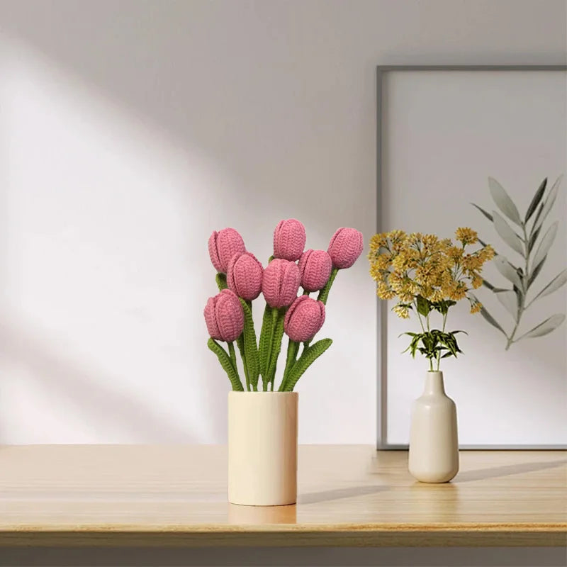 Handmade Crochet Tulip Bouquet – Wool Yarn Knitted Flowers for Home Decor & Mother’s Day Gifts