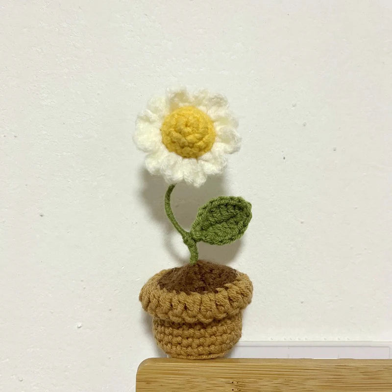 Mini Handmade Crochet Flowers – Sunflower & Rose Potted Plants for Home Decor!