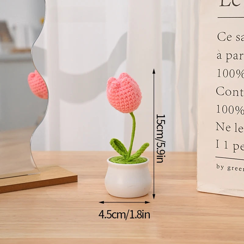 Sunflower & Tulip Crochet Flowers – Handmade Mini Potted Plants for Mother’s Day Gifts & Home Decor