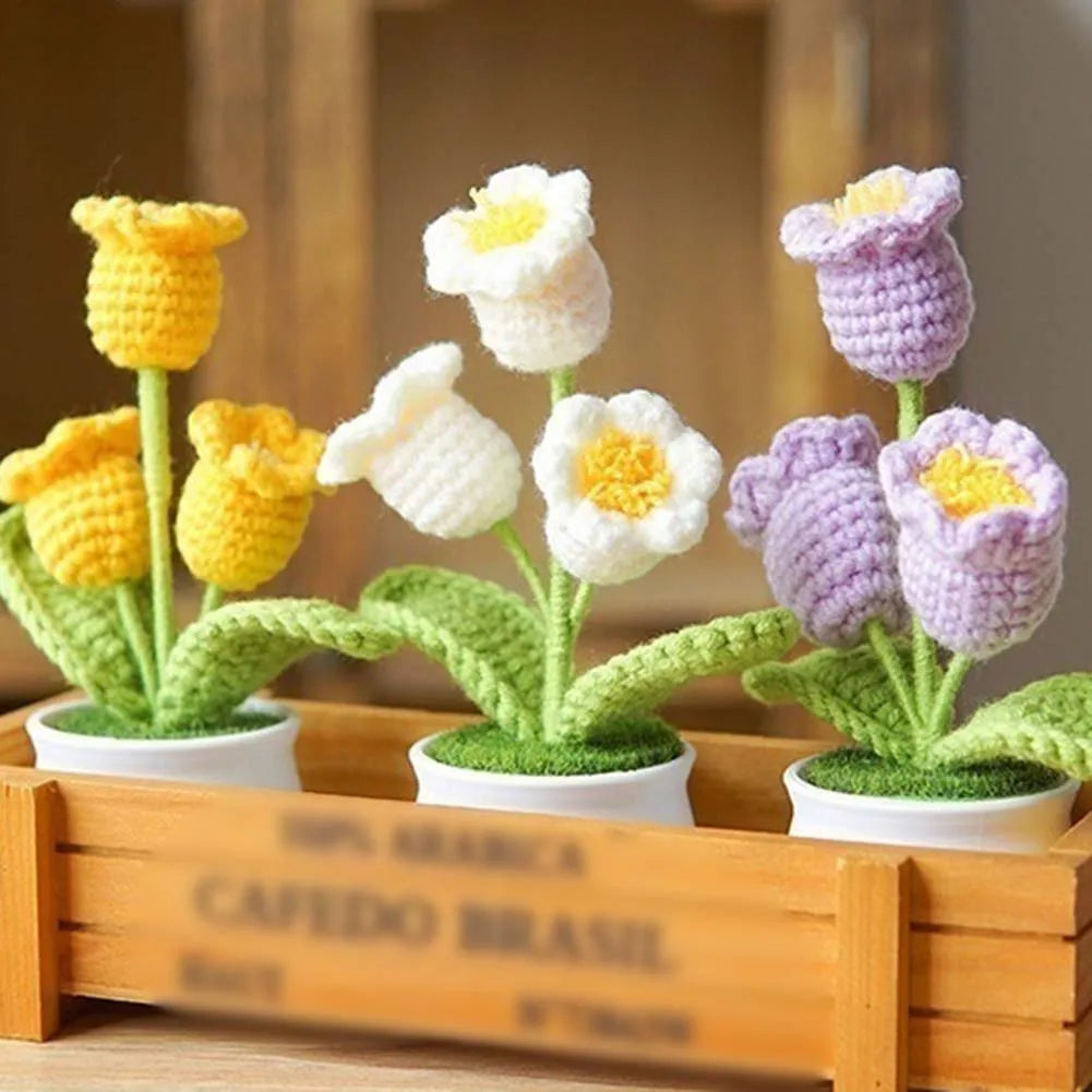 Handwoven Crochet Lily Valley Bonsai – Artificial Potted Flower for Desktop Decorations